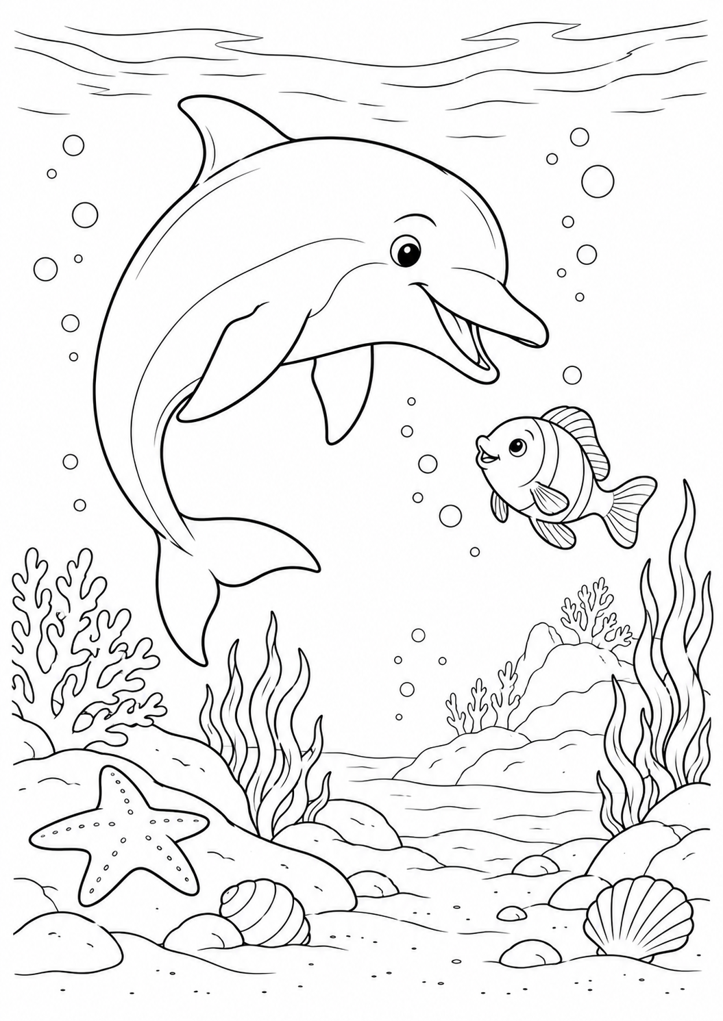 Dauphin et petit poisson : coloriage original à imprimer