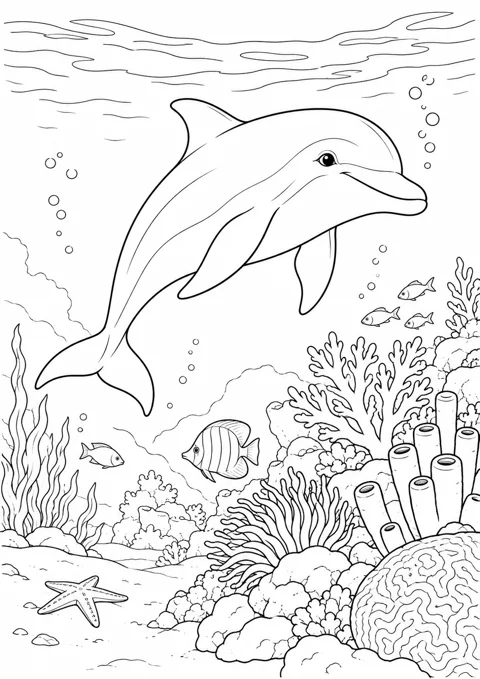 Dauphin près du récif, dessin en noir et blanc à colorier