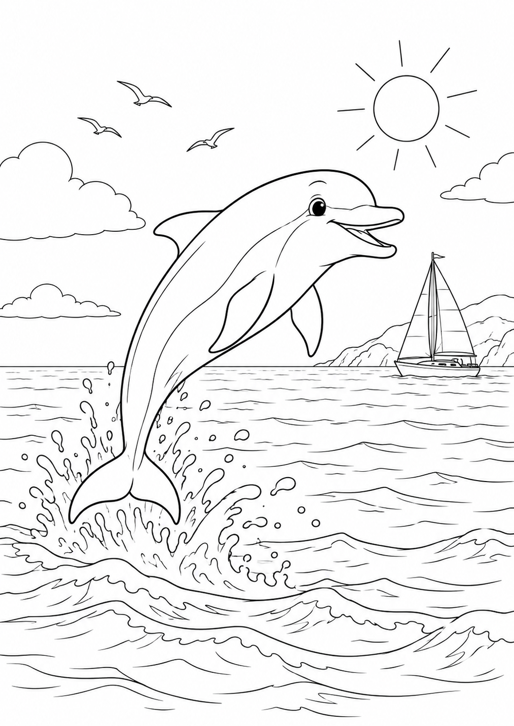 Dauphin et voilier au loin : coloriage original à imprimer