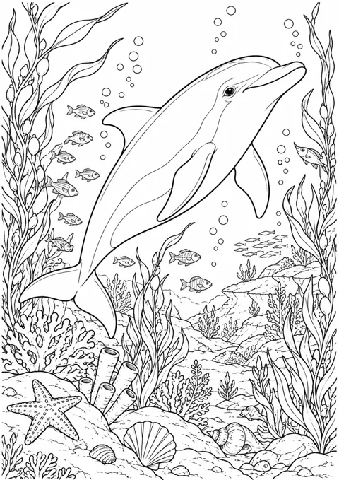 Dauphin et algues, dessin en noir et blanc à colorier