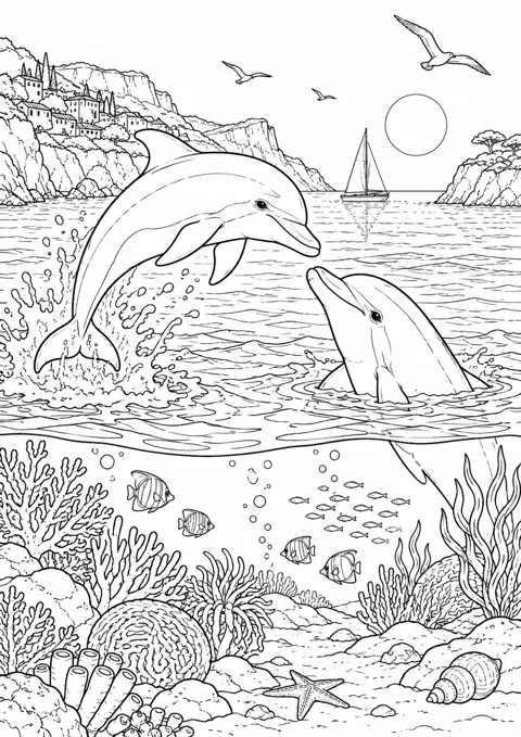 Deux dauphins dans la baie, dessin en noir et blanc à colorier