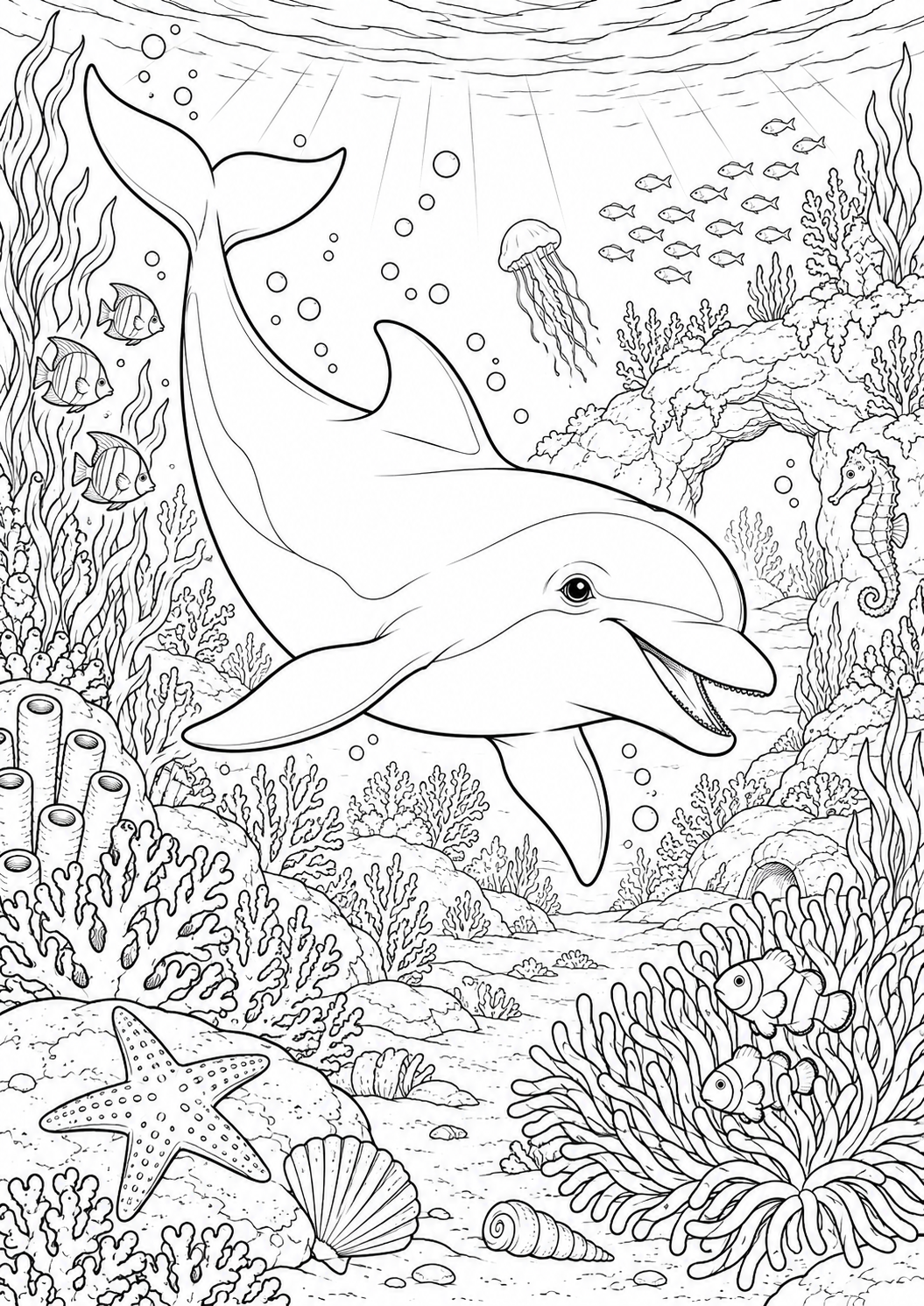 Dauphin dans un jardin sous-marin : coloriage original à imprimer