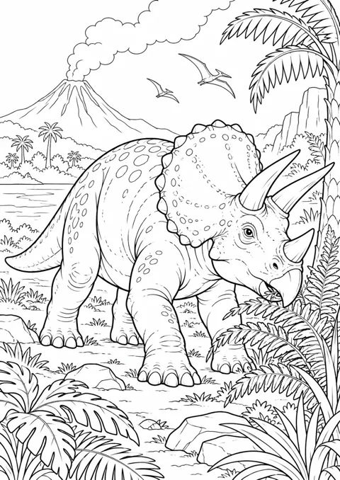 Tricératops dans la végétation, dessin en noir et blanc à colorier