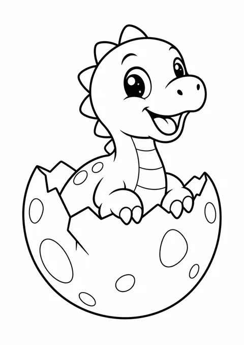 Bébé dinosaure dans son œuf, dessin en noir et blanc à colorier