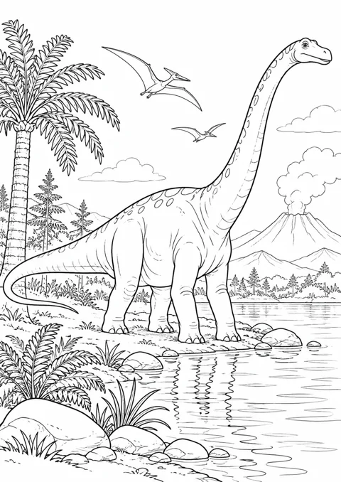 Diplodocus au bord de l’eau, dessin en noir et blanc à colorier