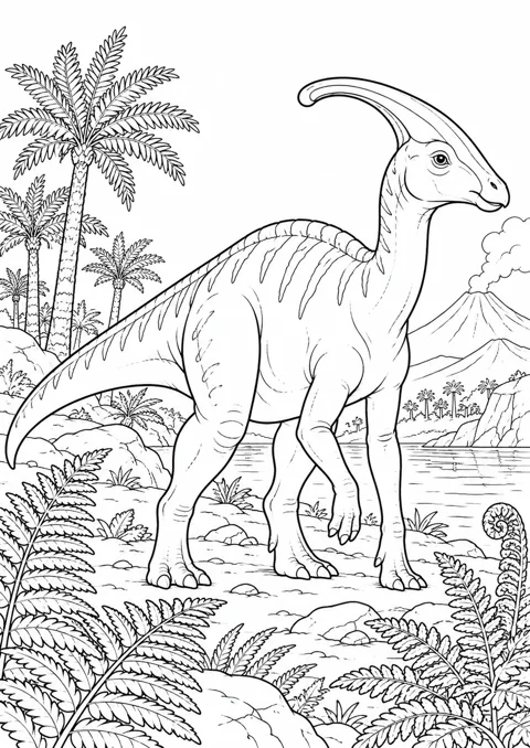Parasaurolophus et fougères, dessin en noir et blanc à colorier
