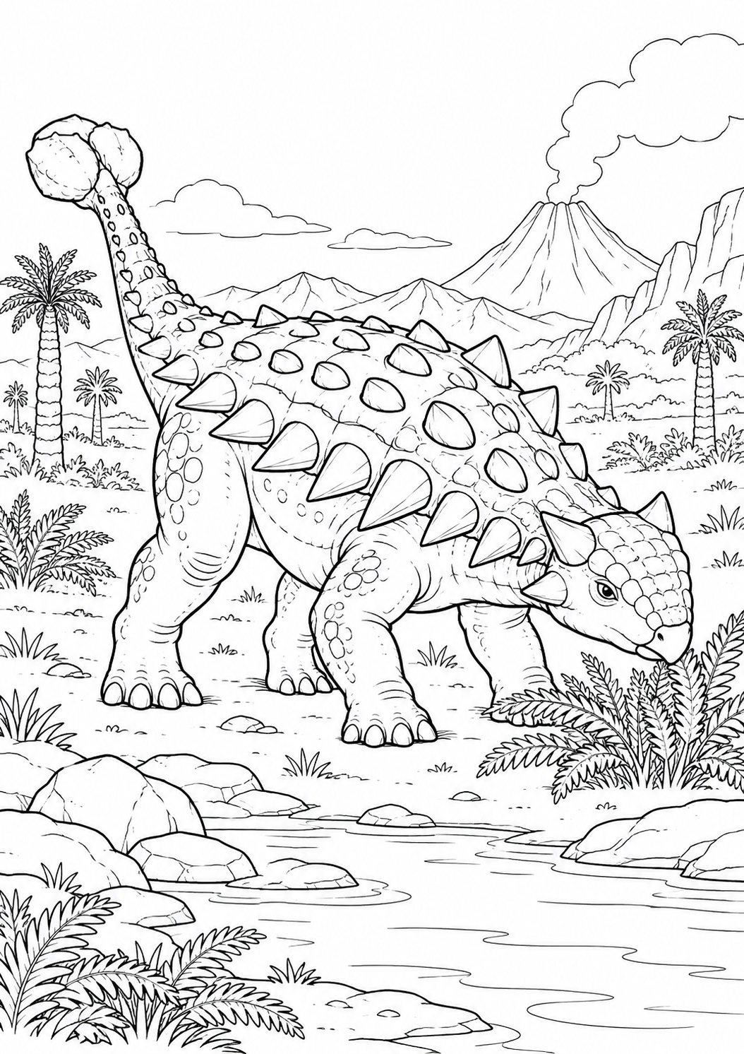 Ankylosaure dans la plaine : coloriage original à imprimer