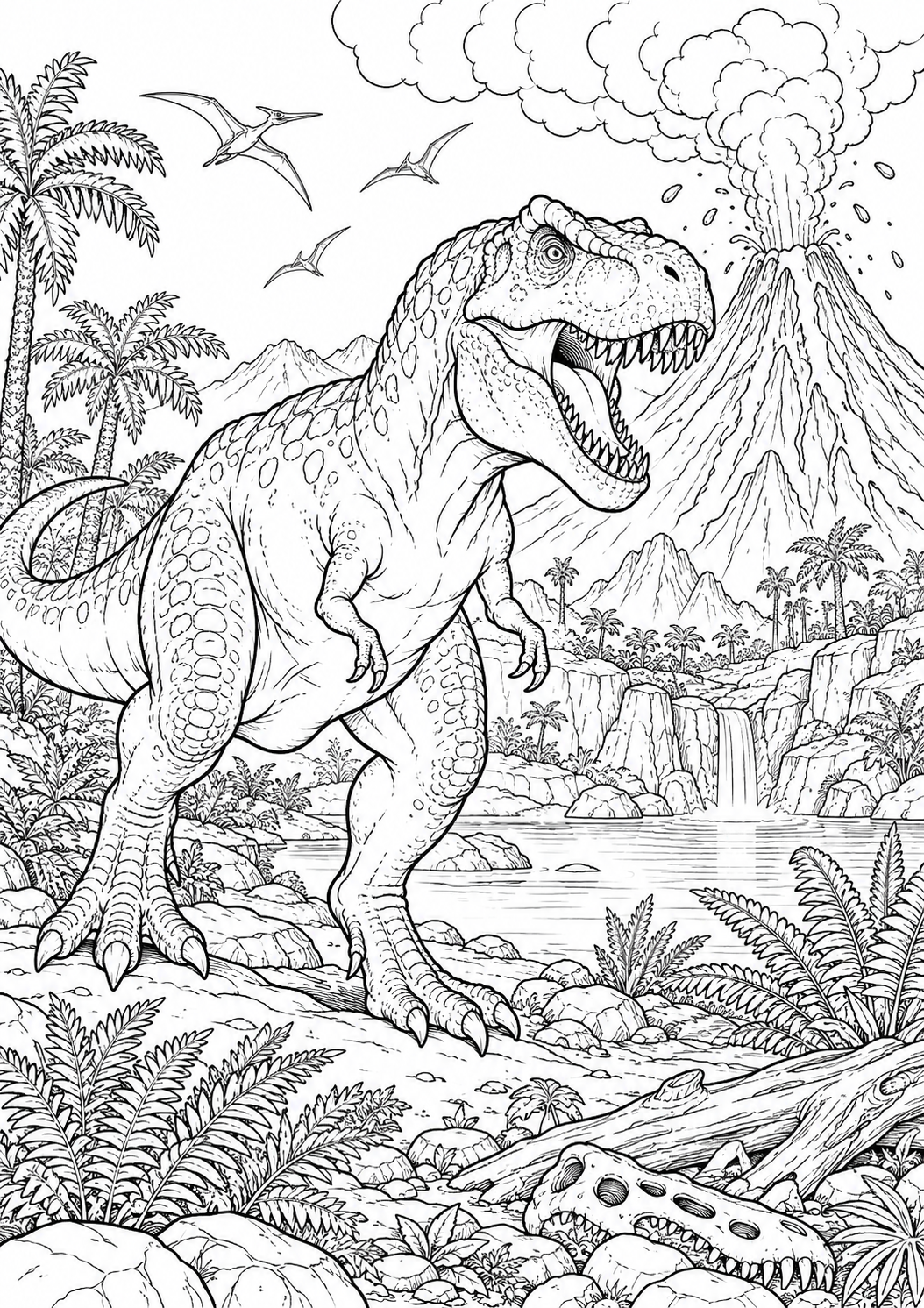 Tyrannosaure près du volcan : coloriage original à imprimer