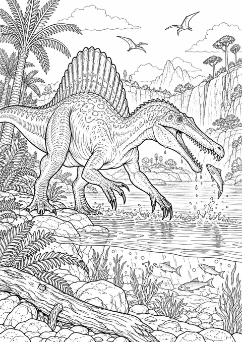 Spinosaurus au bord du fleuve, dessin en noir et blanc à colorier