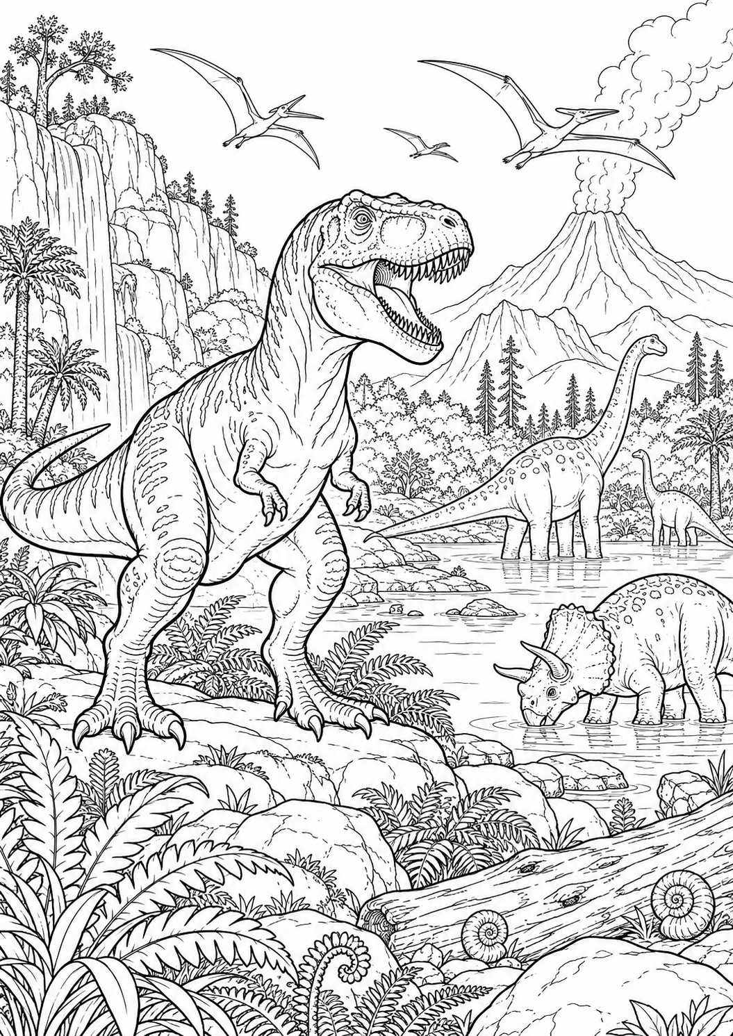 Dinosaures dans la vallée : coloriage original à imprimer