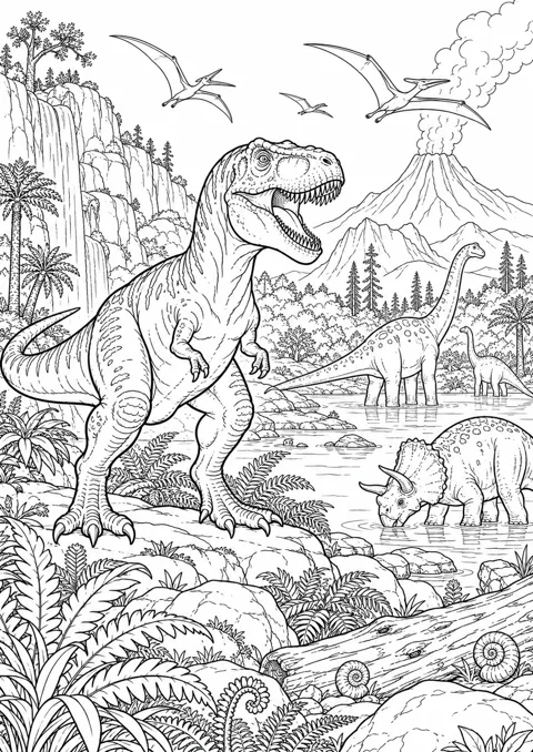 Dinosaures dans la vallée, dessin en noir et blanc à colorier