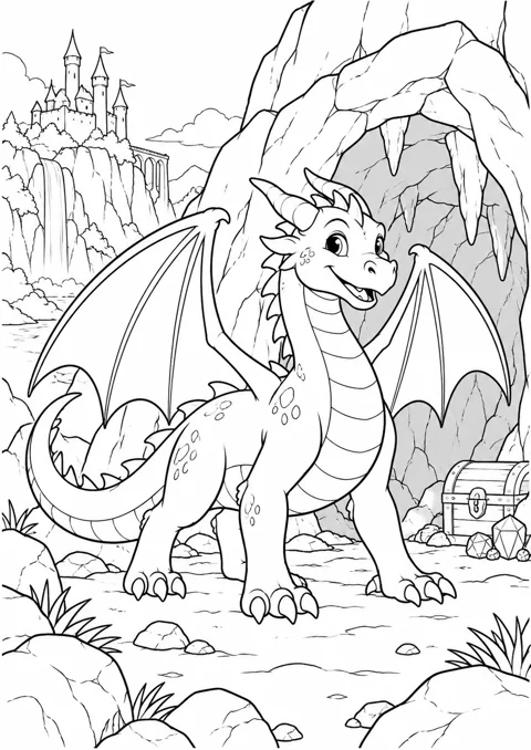 Dragon devant sa grotte, dessin en noir et blanc à colorier