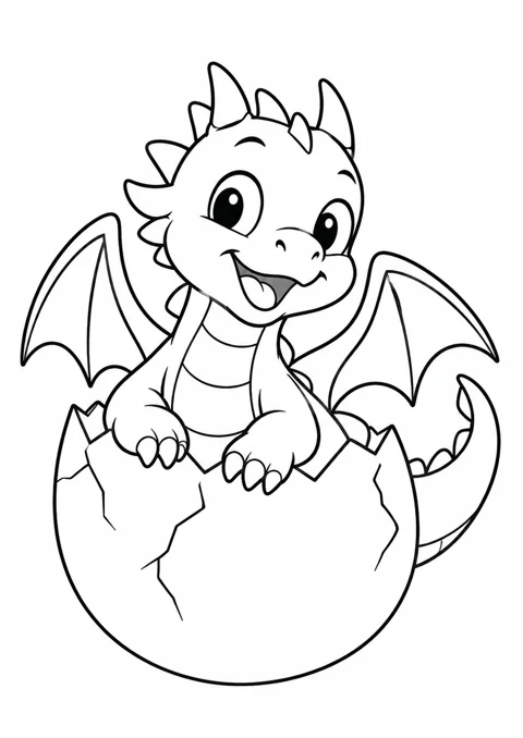 Bébé dragon dans son œuf, dessin en noir et blanc à colorier