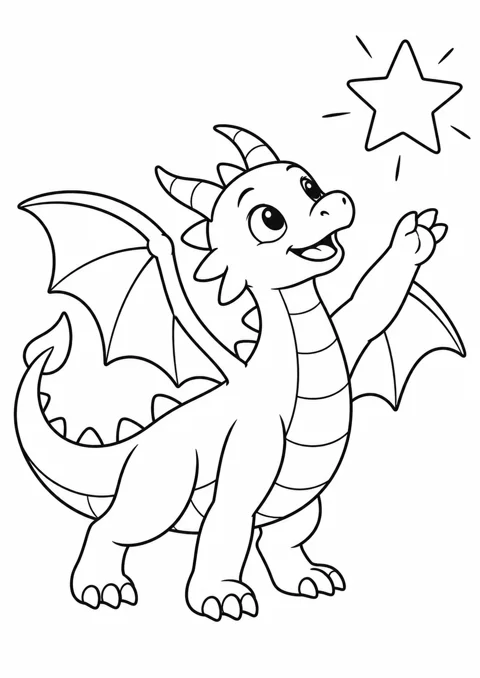 Dragon et étoile, dessin en noir et blanc à colorier