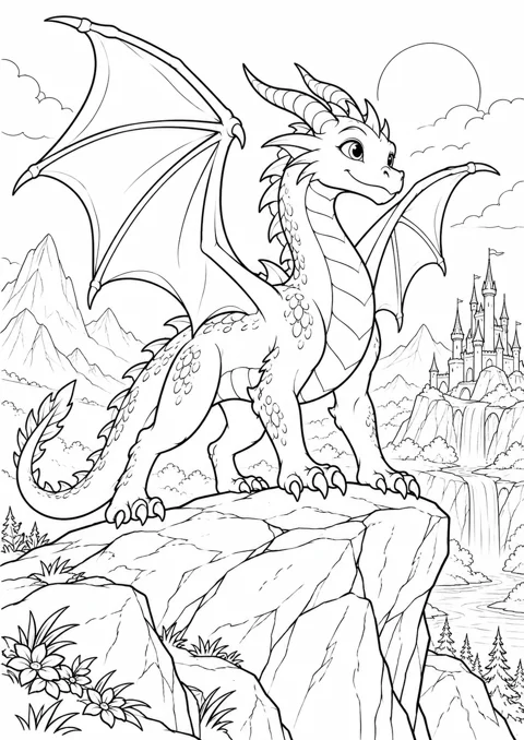 Dragon sur un rocher, dessin en noir et blanc à colorier