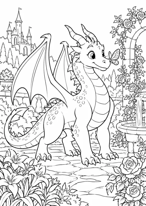Dragon dans un jardin, dessin en noir et blanc à colorier