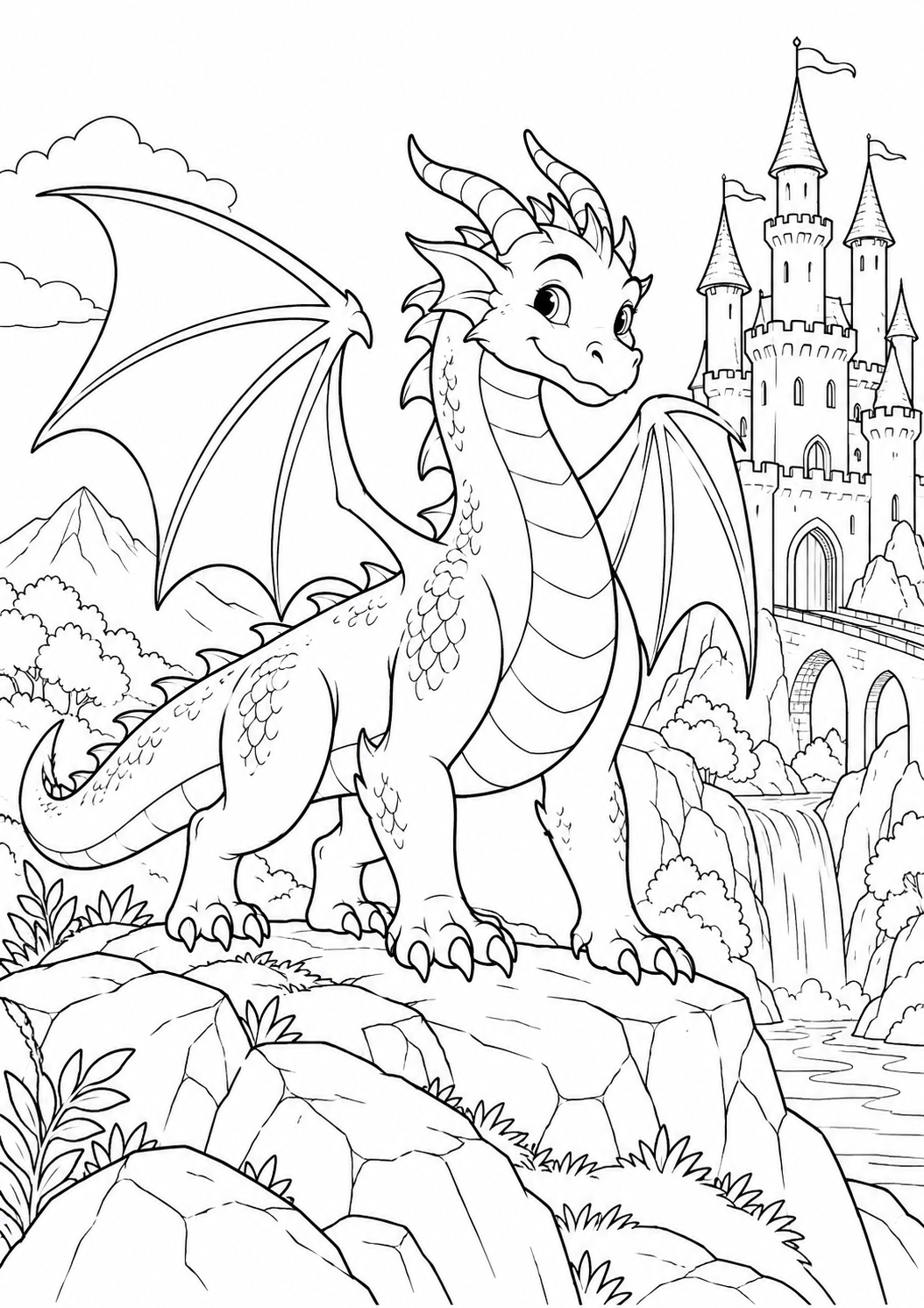 Dragon près du château : coloriage original à imprimer