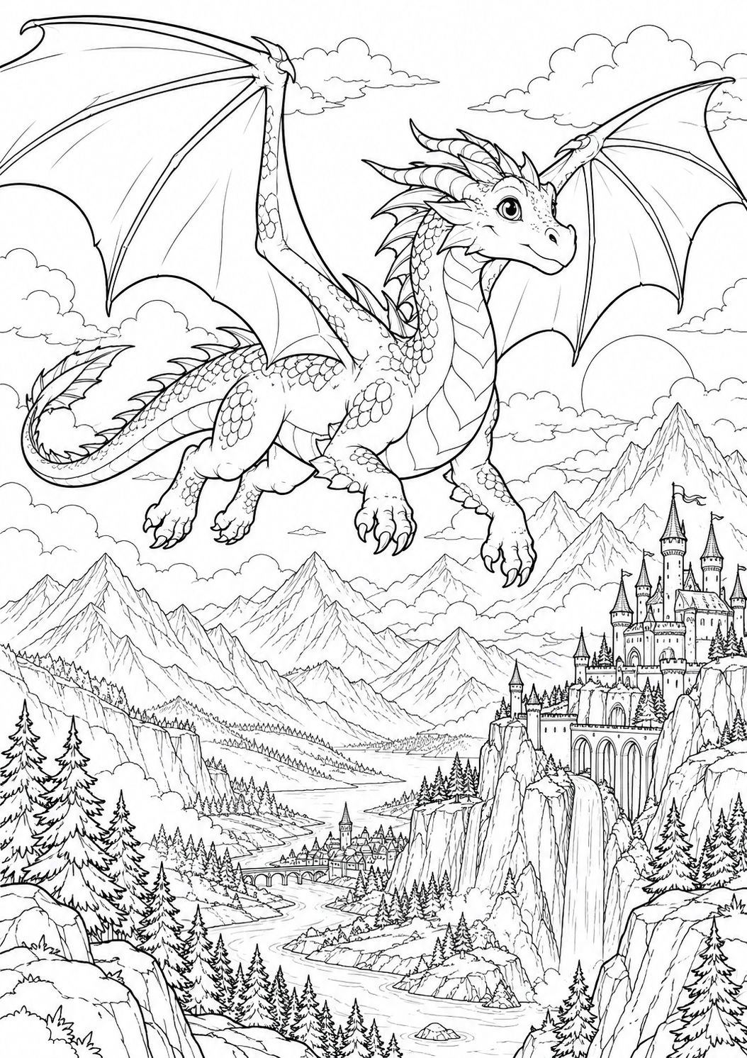 Dragon au-dessus des montagnes : coloriage original à imprimer