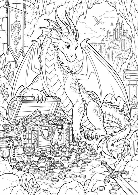 Dragon et trésor, dessin en noir et blanc à colorier