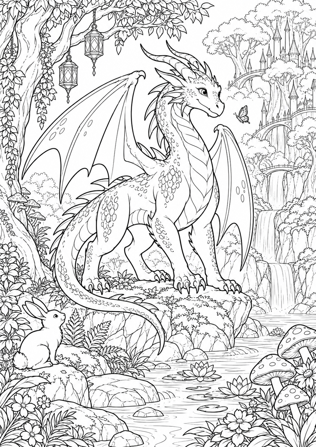 Dragon dans une forêt magique : coloriage original à imprimer