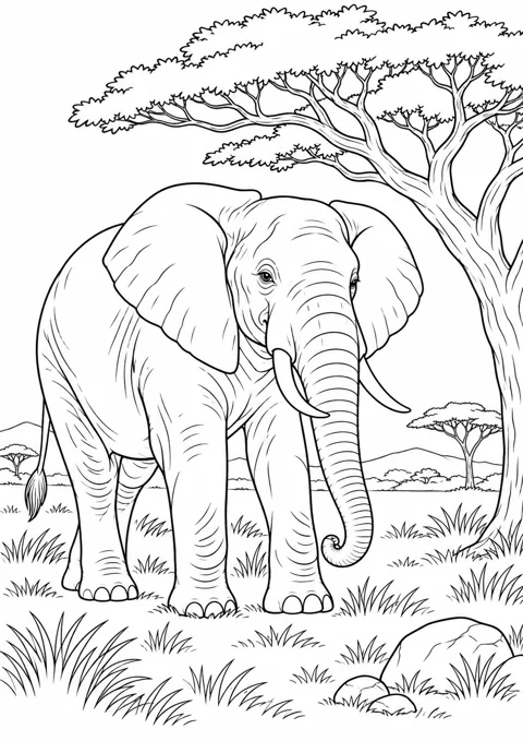 Éléphant près d’un acacia, dessin en noir et blanc à colorier