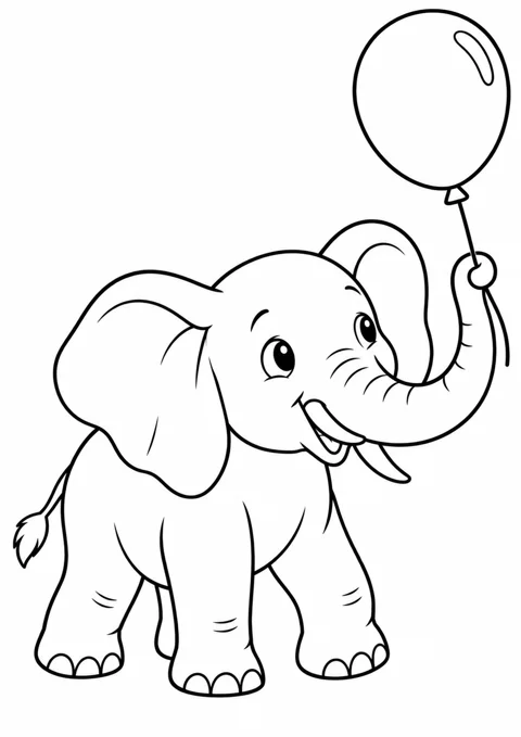 Éléphanteau et ballon, dessin en noir et blanc à colorier
