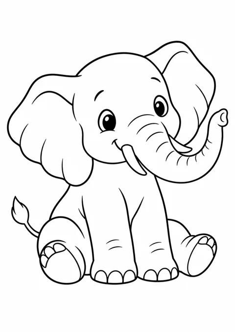 Petit éléphant assis, dessin en noir et blanc à colorier