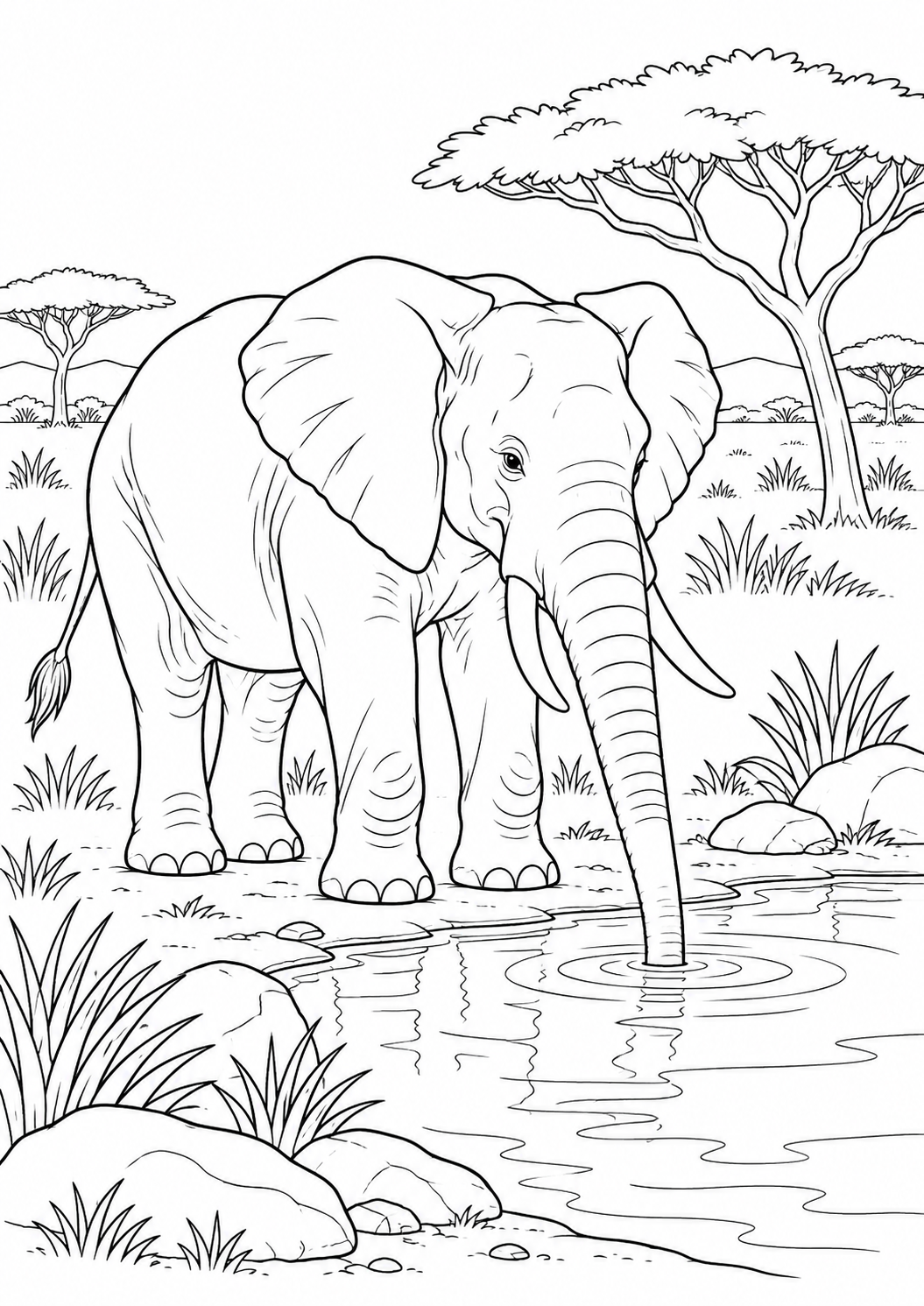 Éléphant à la mare : coloriage original à imprimer
