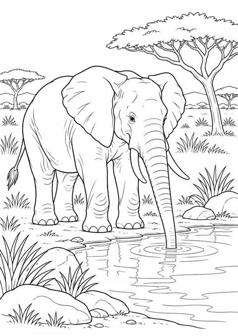 Éléphant à la mare, dessin en noir et blanc à colorier