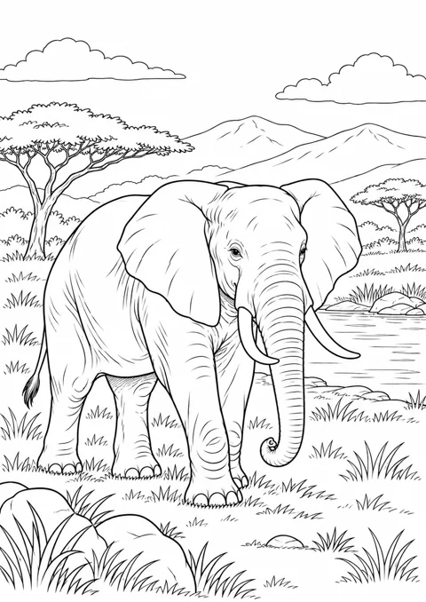 Éléphant au pied des collines, dessin en noir et blanc à colorier