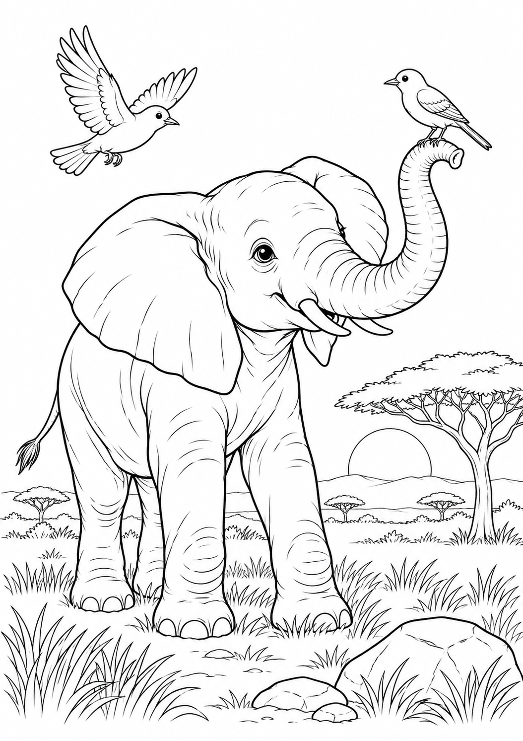 Éléphanteau et oiseaux : coloriage original à imprimer