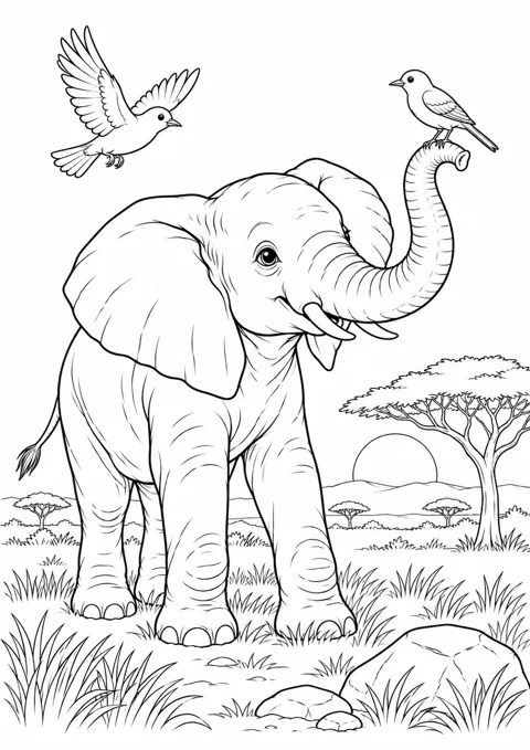Éléphanteau et oiseaux, dessin en noir et blanc à colorier