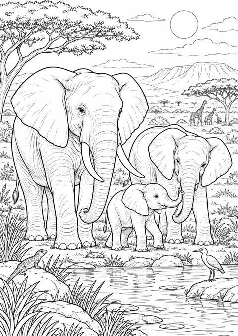 Famille d’éléphants dans la savane, dessin en noir et blanc à colorier