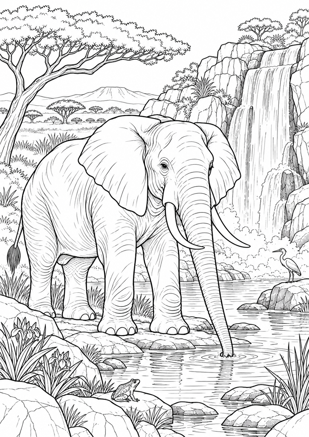 Éléphant près de la cascade : coloriage original à imprimer