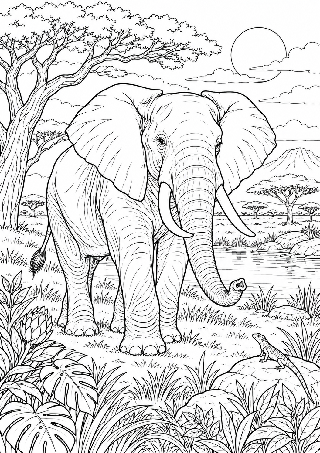 Éléphant et motifs de feuillage : coloriage original à imprimer