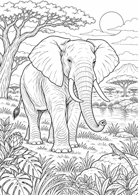 Éléphant et motifs de feuillage, dessin en noir et blanc à colorier