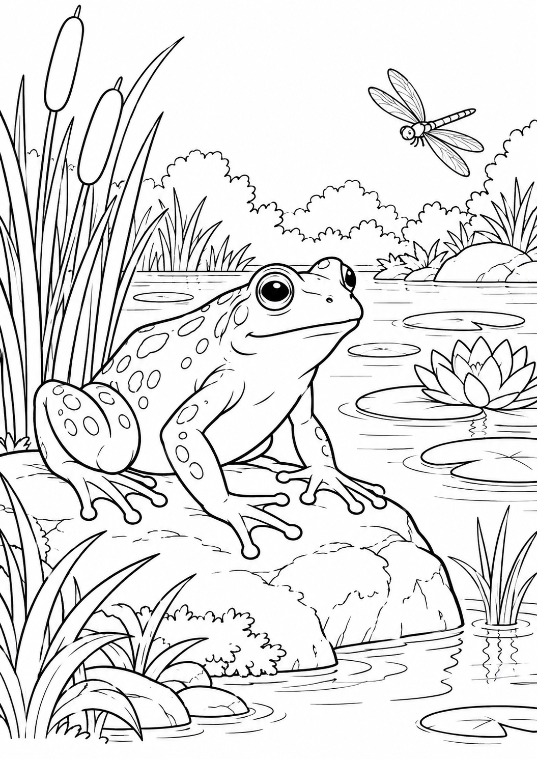 Grenouille au bord de la mare : coloriage original à imprimer