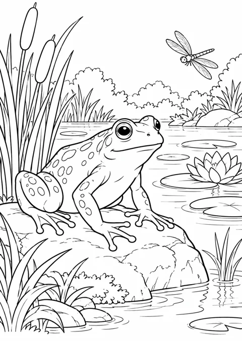 Grenouille au bord de la mare, dessin en noir et blanc à colorier