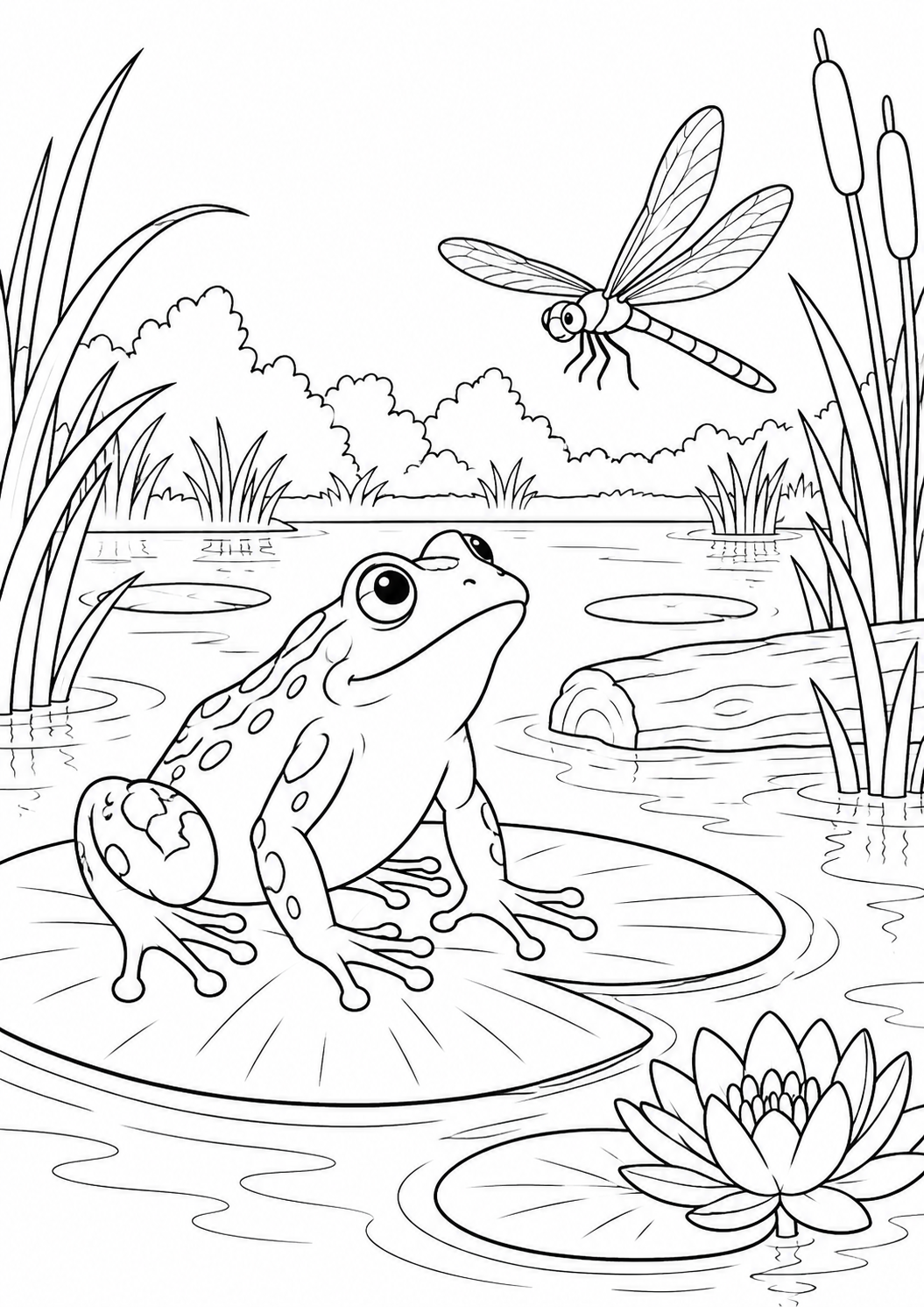 Grenouille et libellule : coloriage original à imprimer