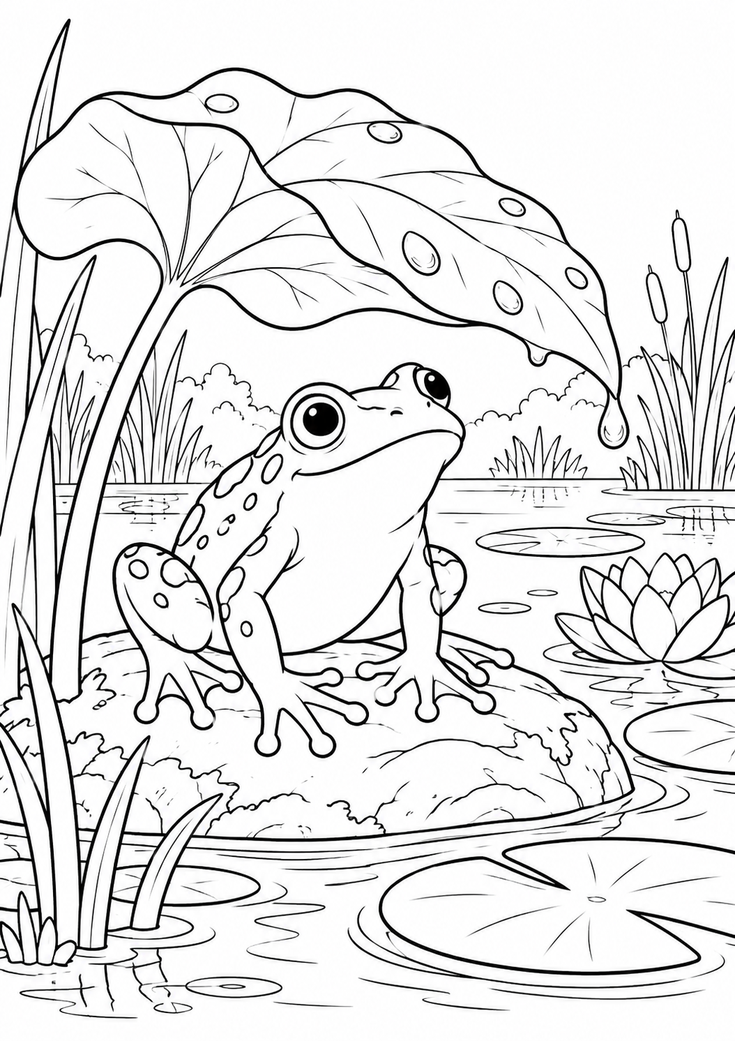 Grenouille sous une feuille : coloriage original à imprimer