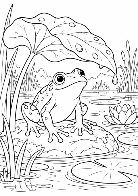 Grenouille sous une feuille, dessin en noir et blanc à colorier