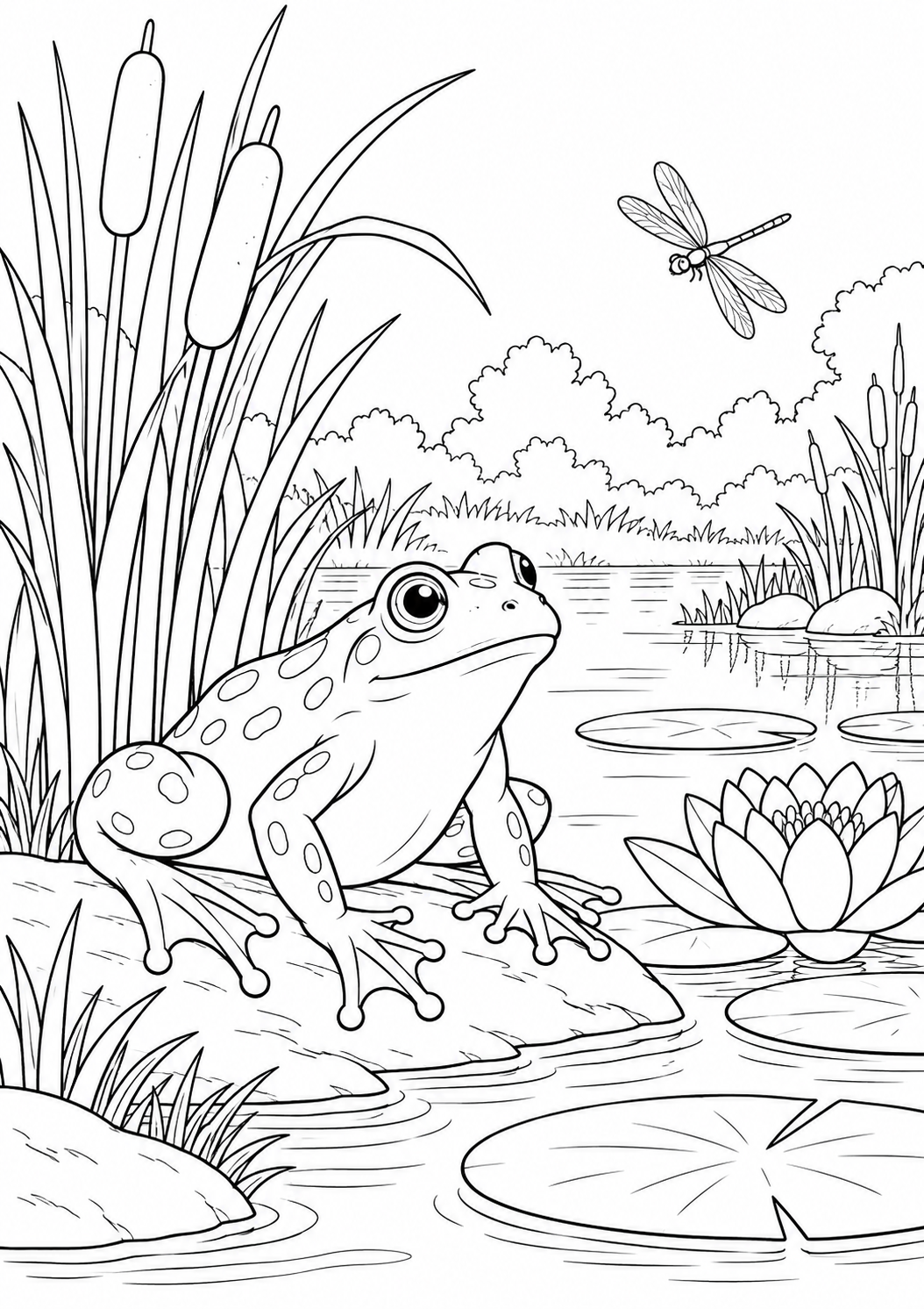 Grenouille près des roseaux : coloriage original à imprimer
