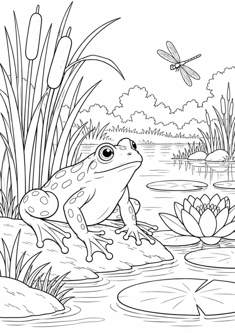 Grenouille près des roseaux, dessin en noir et blanc à colorier