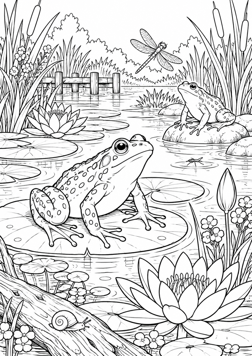 Grenouilles et mare fleurie : coloriage original à imprimer