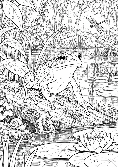 Grenouille dans la forêt humide, dessin en noir et blanc à colorier