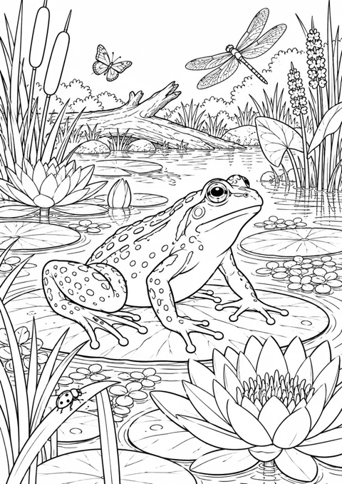 Grenouille et jardin aquatique, dessin en noir et blanc à colorier