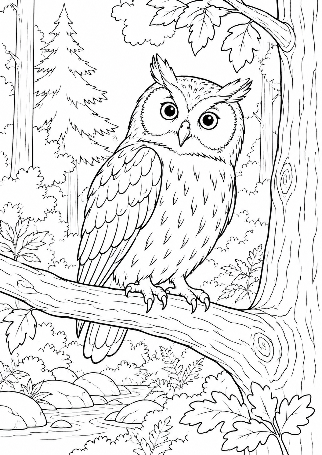 Hibou dans la forêt : coloriage original à imprimer
