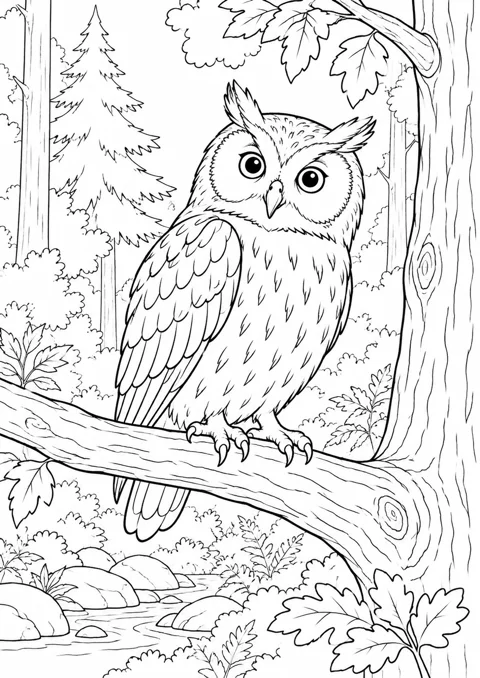 Hibou dans la forêt, dessin en noir et blanc à colorier
