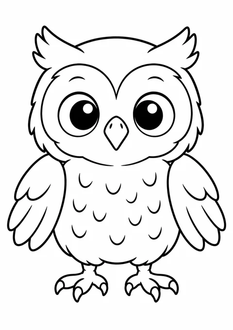 Petit hibou de face, dessin en noir et blanc à colorier