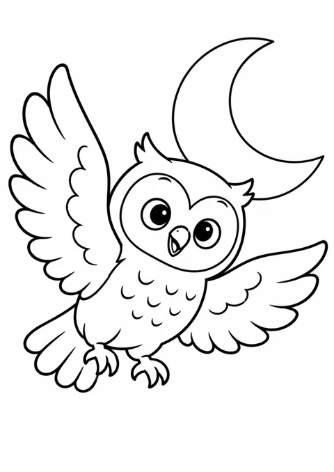 Hibou et croissant de lune, dessin en noir et blanc à colorier
